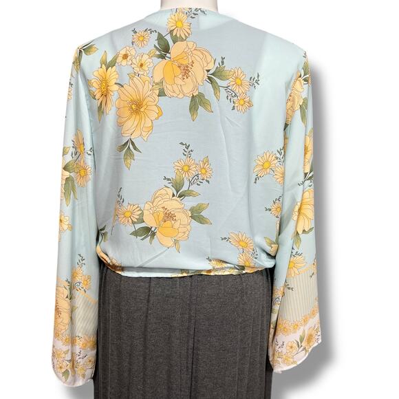 Rue+ Womens Bolero Shrug Crop Tie Front Kimono Sleeve Floral Yellow Blue 3X - Picture 4 of 8